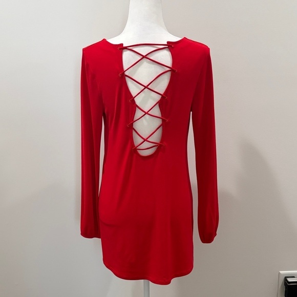 Express Tops - Lipstick Red Long Line V-Neck Women's Top